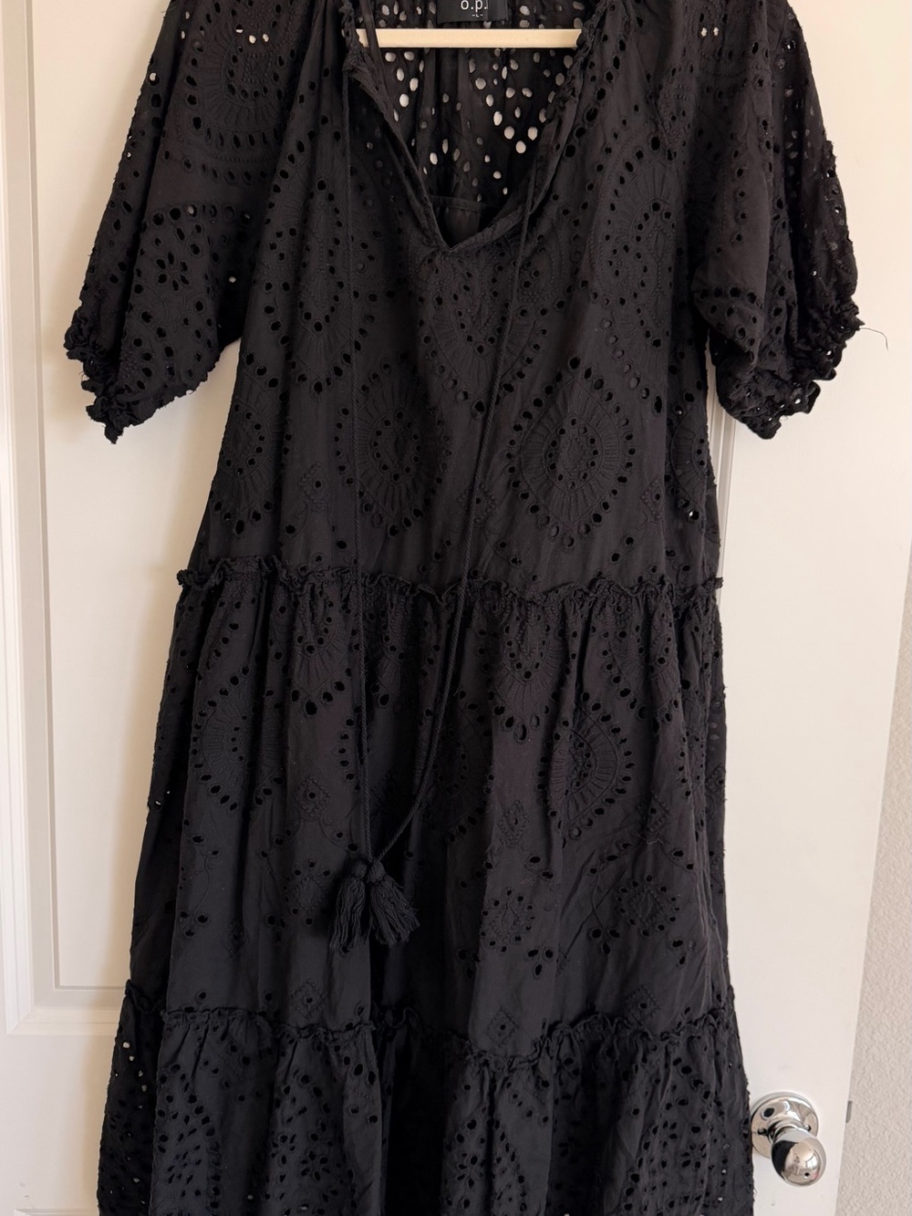 Black Eyelet Tiered Midi Dress with Tassel Tie